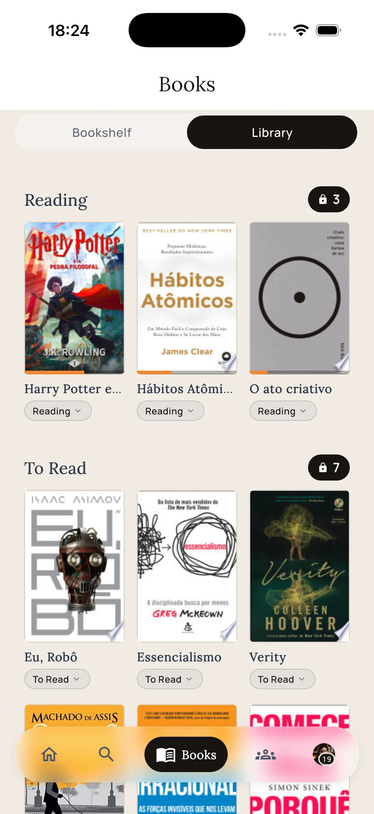 Library — Reading, up next, finished — your books, sorted the way you think of them.